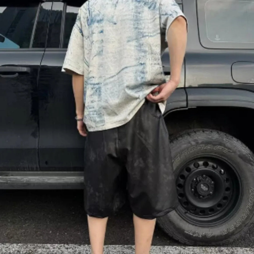 Korean style loose fit printed t-shirt with round neck and short sleeves in solid colour