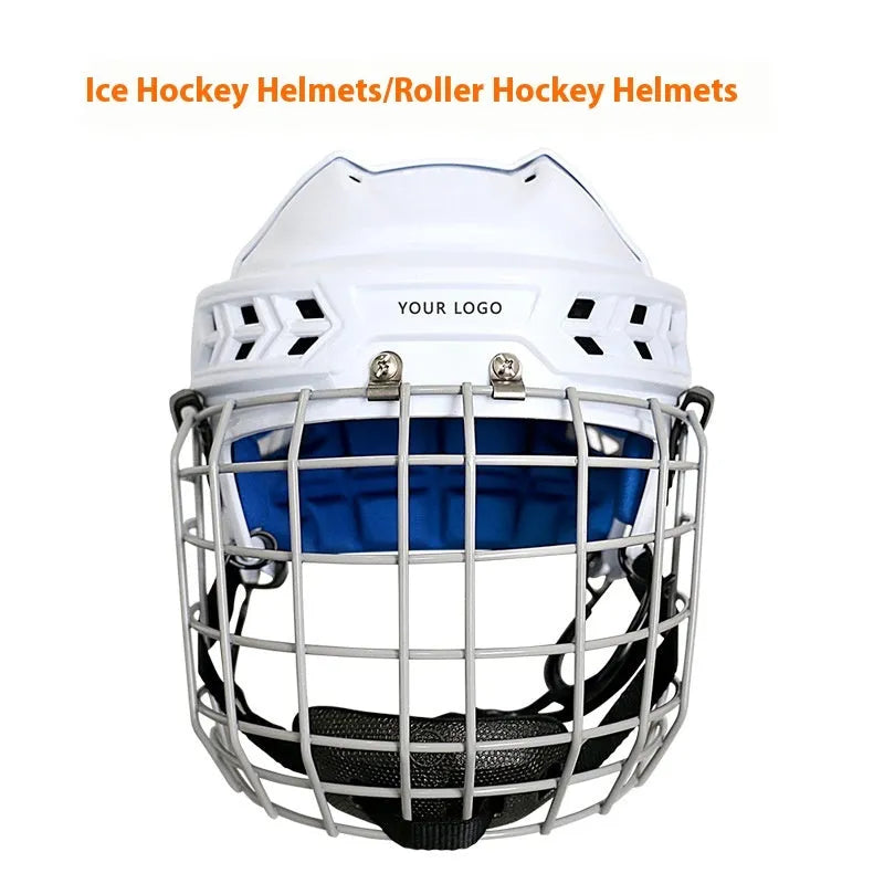 White ice hockey helmet with a black carbon steel face mask and cushioned interior lining.