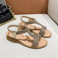 Women's gold patent leather summer sandals with rhinestone decoration and round toe design