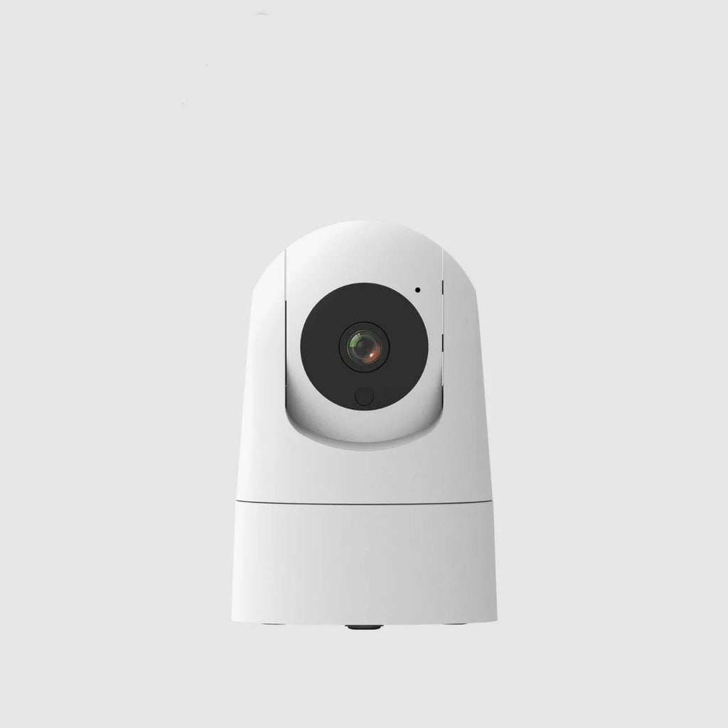 White indoor security camera with pan/tilt mechanism on stand showing front lens and microphone