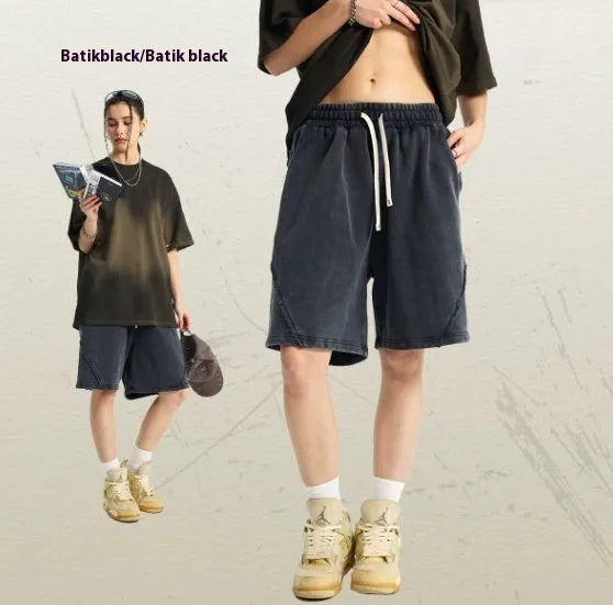 Men's loose-fit casual shorts in pure cotton terry with a washed batik pattern in an earthy colour.