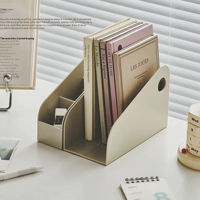 Desktop storage box with shelf and grid compartments for stationery organisation