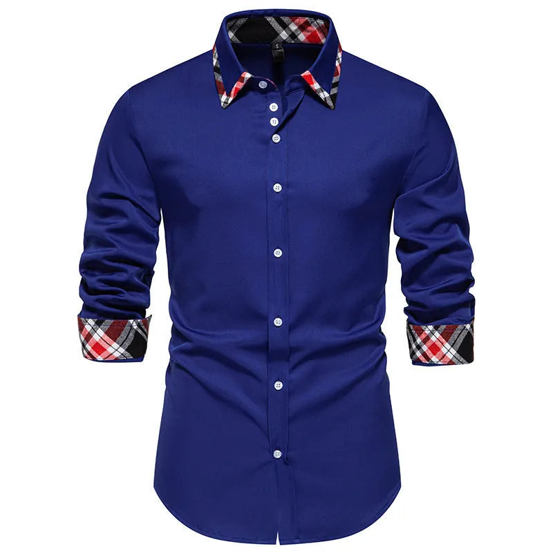 Men's blue plaid casual shirt with triangle collar and long sleeves