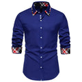 Men's blue plaid casual shirt with triangle collar and long sleeves