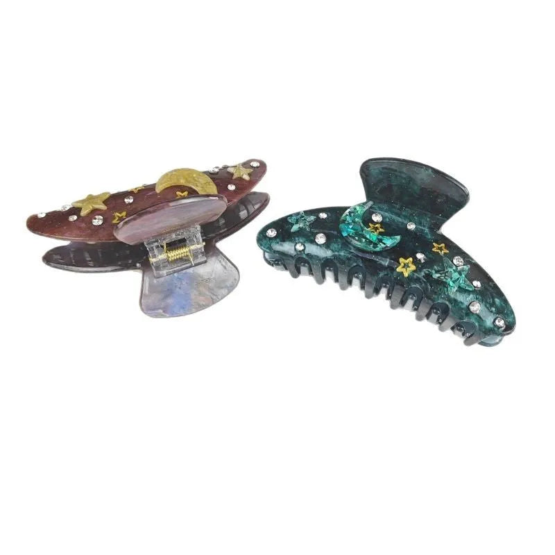 Oversized star moon barrettes with starry sky patterns in cellulose acetate material