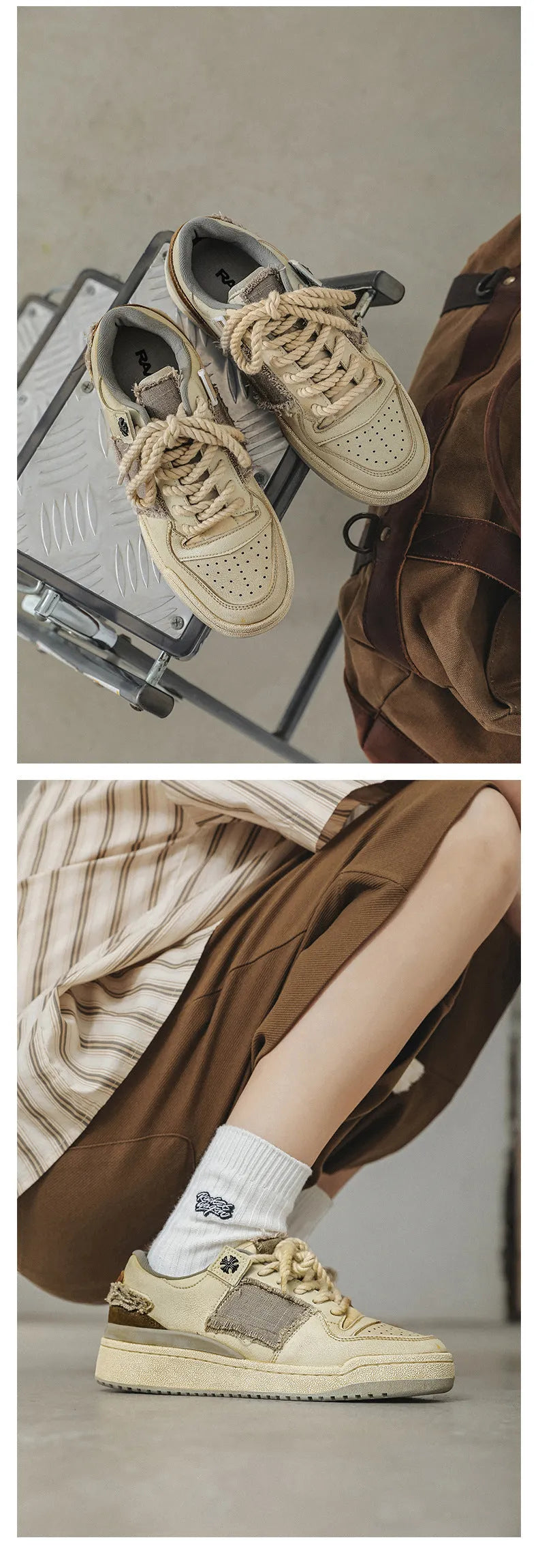 Beige vintage skateboard shoes with patch design, low-top cut, and round toe