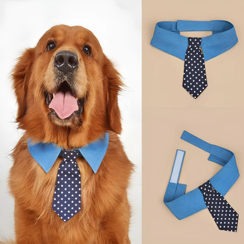 Denim dog collar with an attached red star pattern necktie, showing the adjustable fastener tape closure.