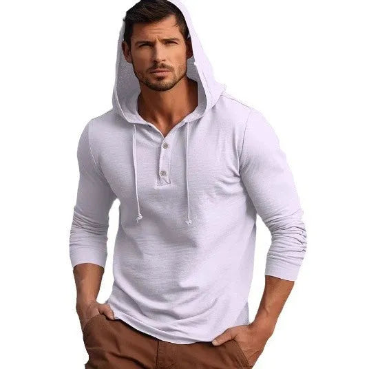 Men's casual pullover hoodie in cotton, shown in one of six colour options
