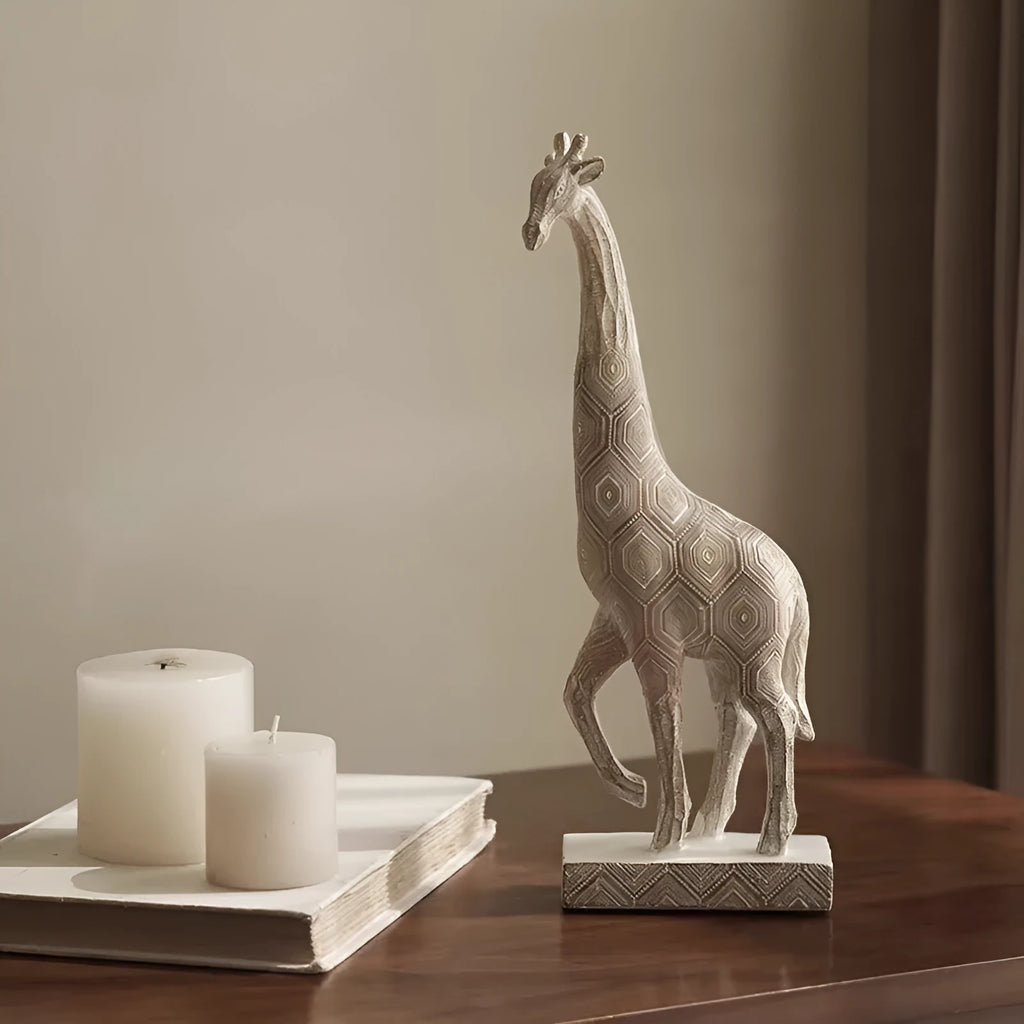 Wood colour synthetic resin giraffe ornament measuring 30.5 cm tall on a shelf.