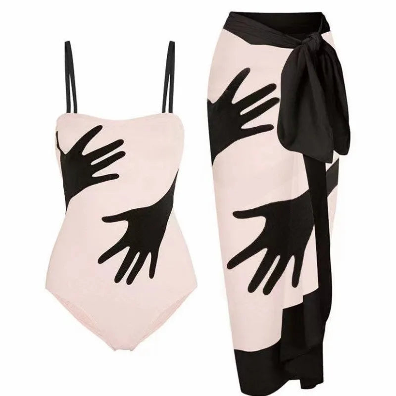 Women's one-piece bikini swimsuit with gauze skirt detail in polyester fabric.