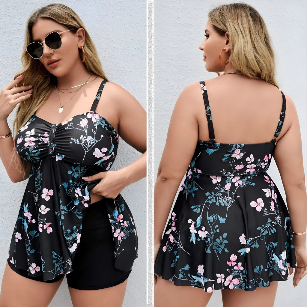Women's one-piece floral print swimsuit in split colours on a mannequin, showing front design.