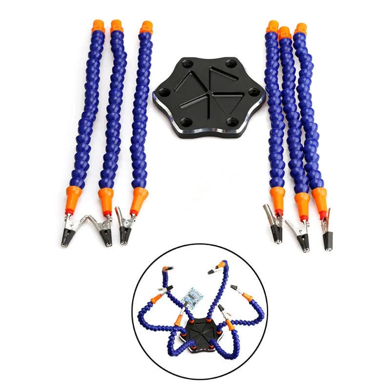 Black or purple aluminium alloy six-jaw model welding station with multiple bendable arms on a non-slip base.