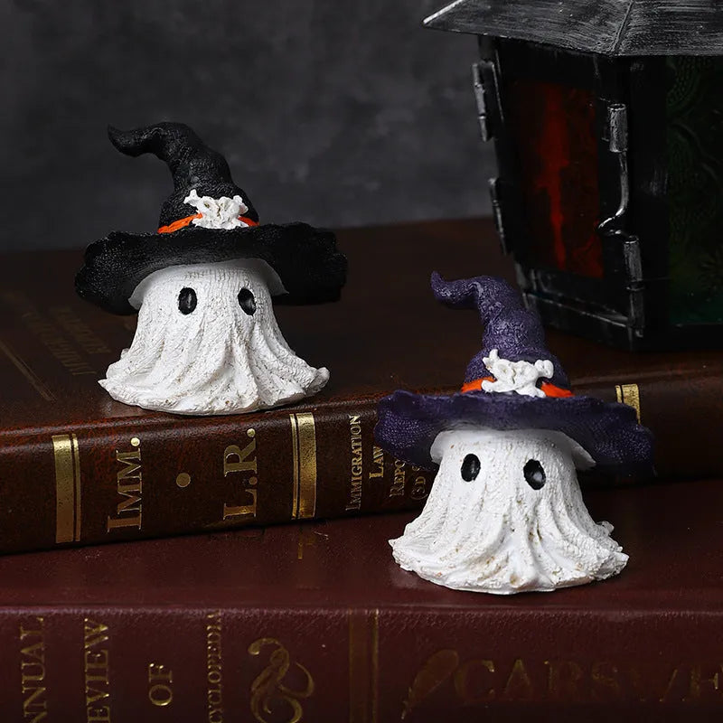 Resin wizard hat ghost ornament in kid-sized dimensions available in black or purple colour options
