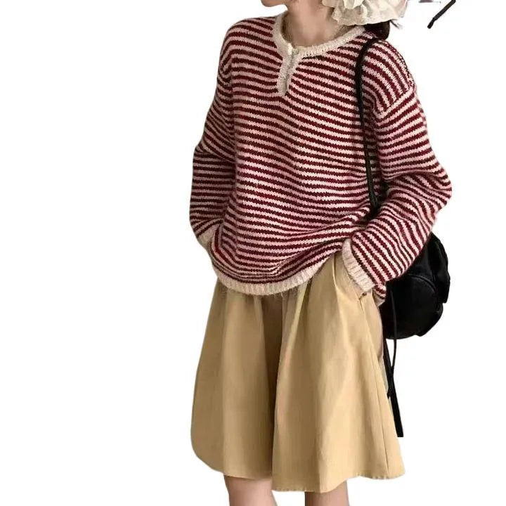 Women's striped cashmere retro sweater with loose fit and plaid patterns