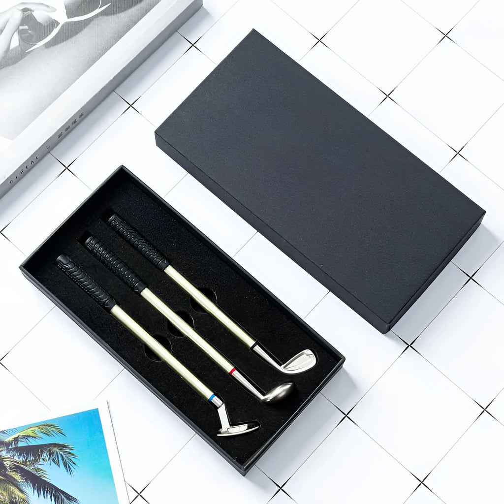 Three metal ballpoint pens with golf suit design showing 0.7mm bullet-type pen heads