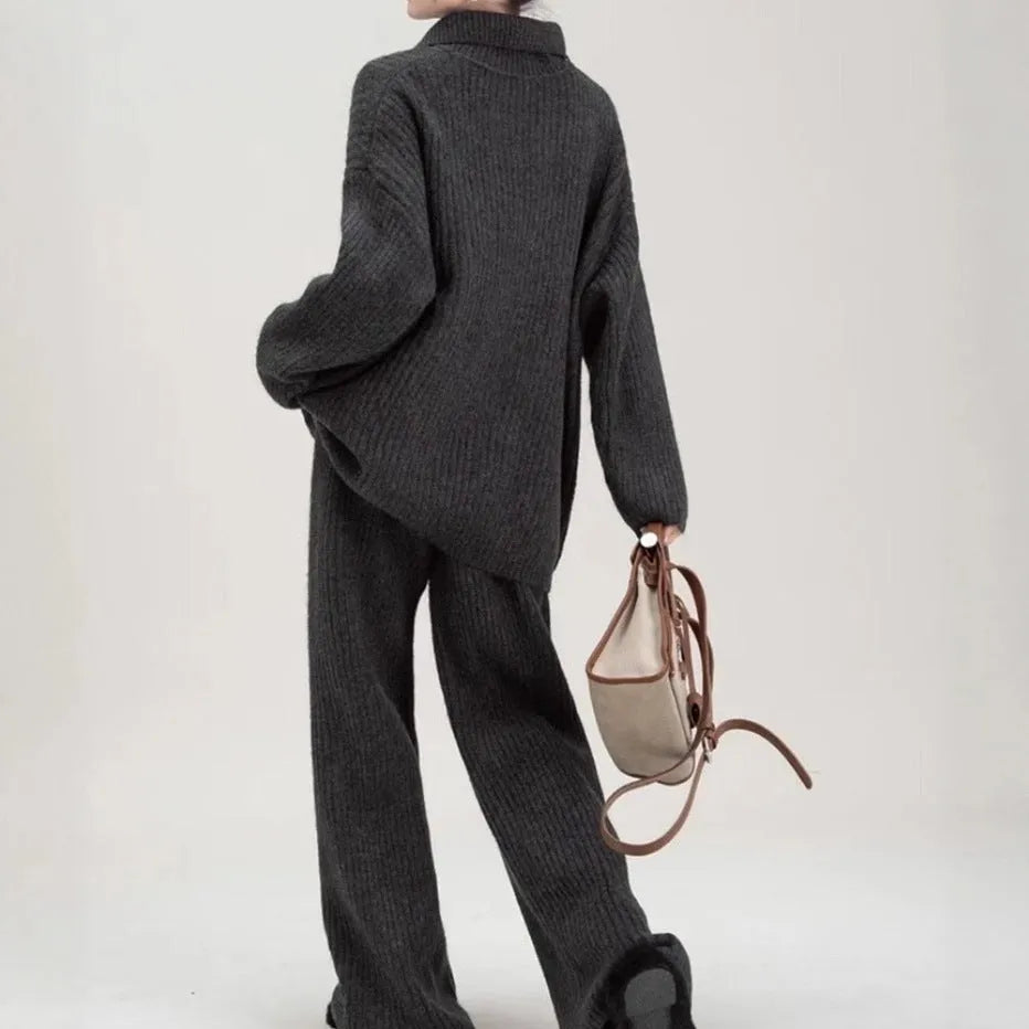 Women's acrylic fibre imitation cashmere knitting top and trousers two-piece set in four colour options