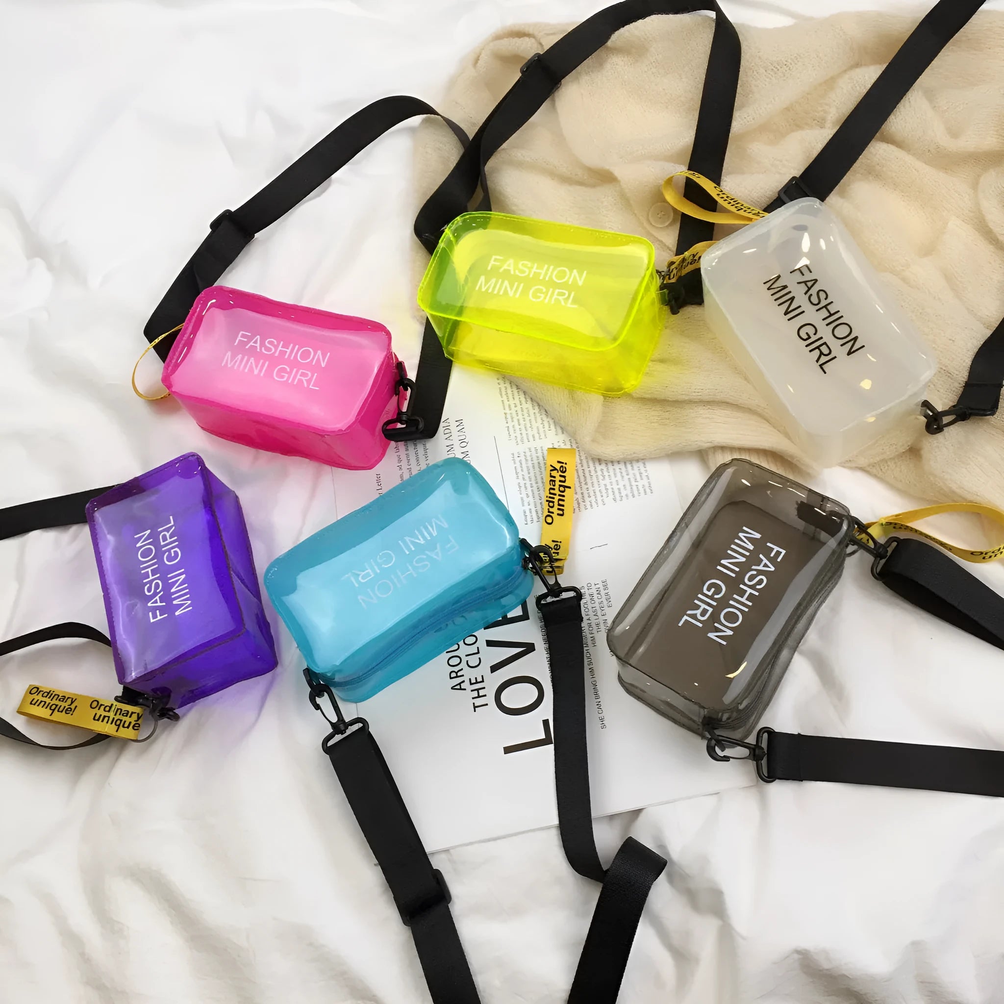 Transparent square jelly shoulder bag in various colours with adjustable strap and phone compartment