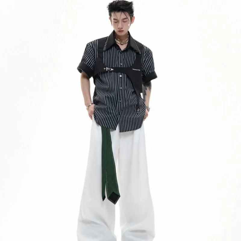 Men's black and white striped short sleeve shirt with double lapel collar design