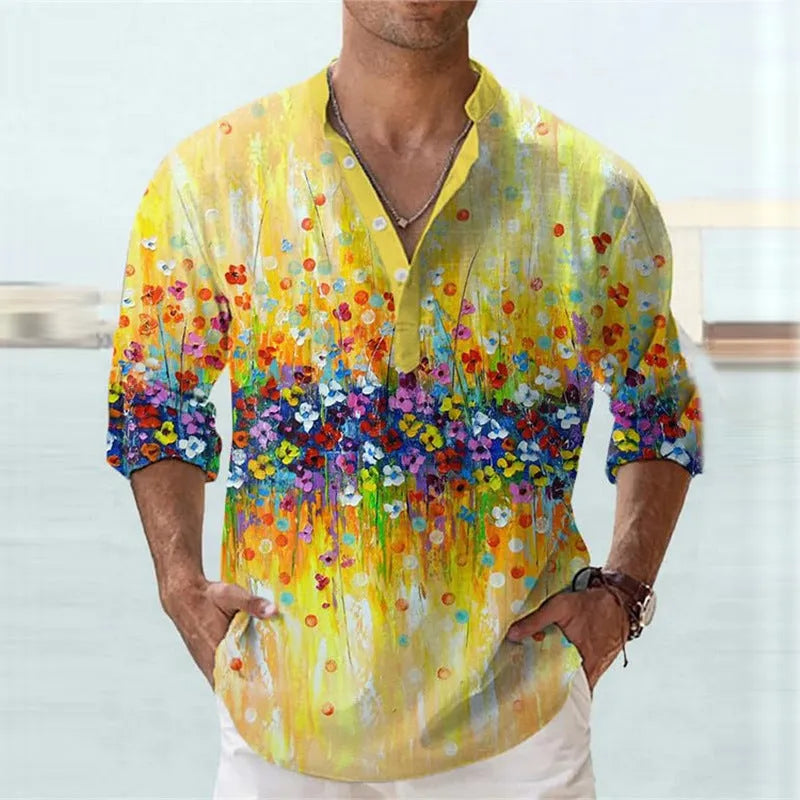 Short sleeve bamboo hemp shirt with 3D digital print stripe pattern