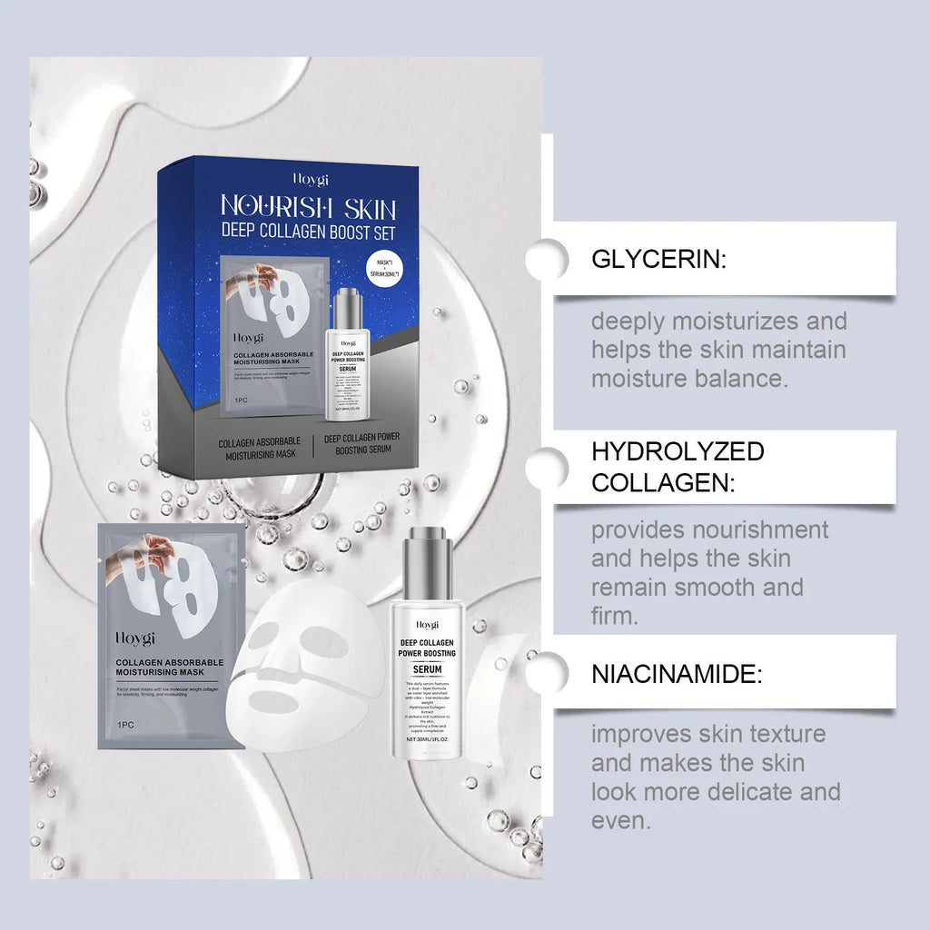 Individually packaged collagen moisturising suit facial sheet mask with 30ml essence.