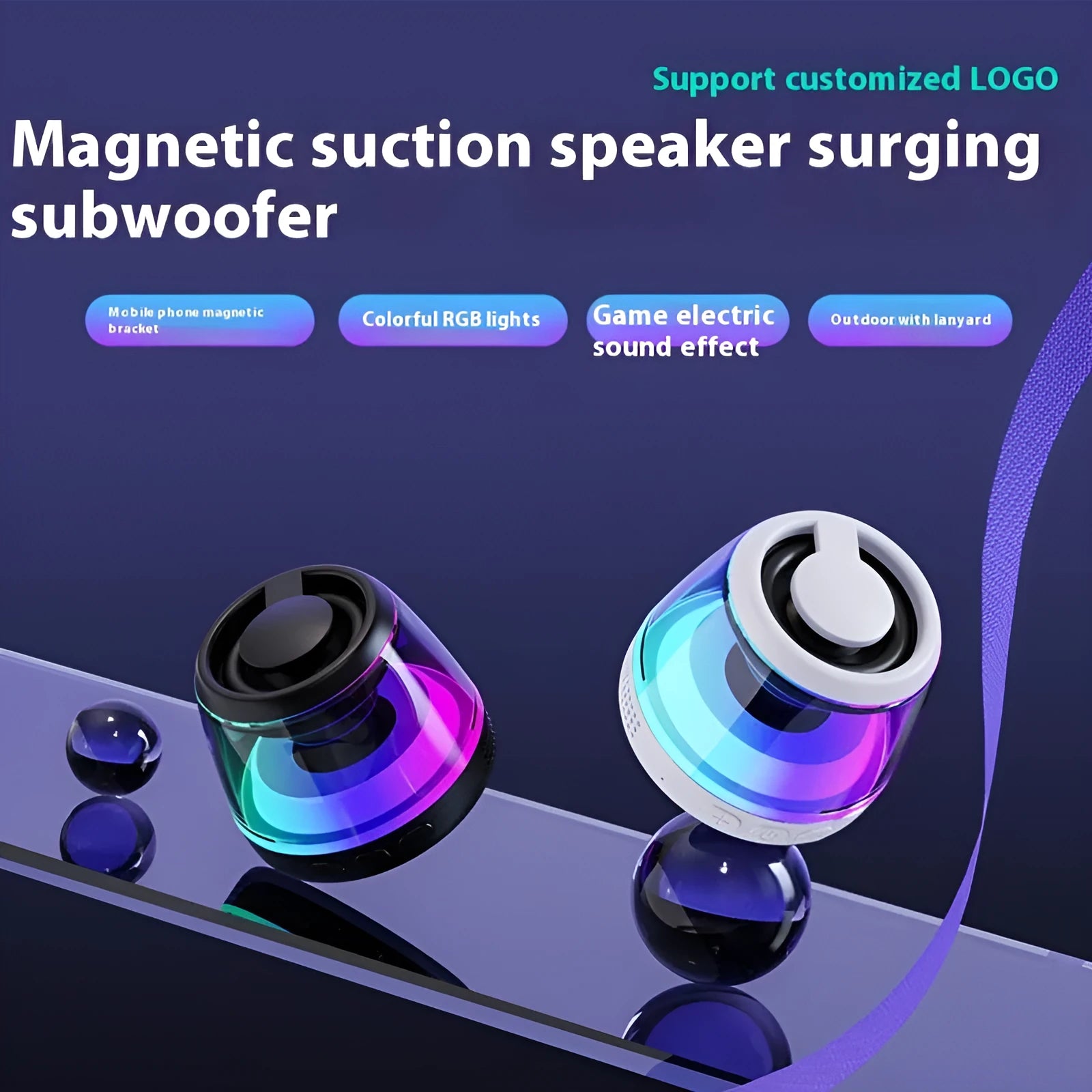 Portable wireless Bluetooth speaker with magnetic base and LED lighting in black or white