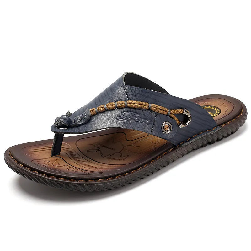 Men's black PU leather non-slip slippers on a plain background showing size and sole detail