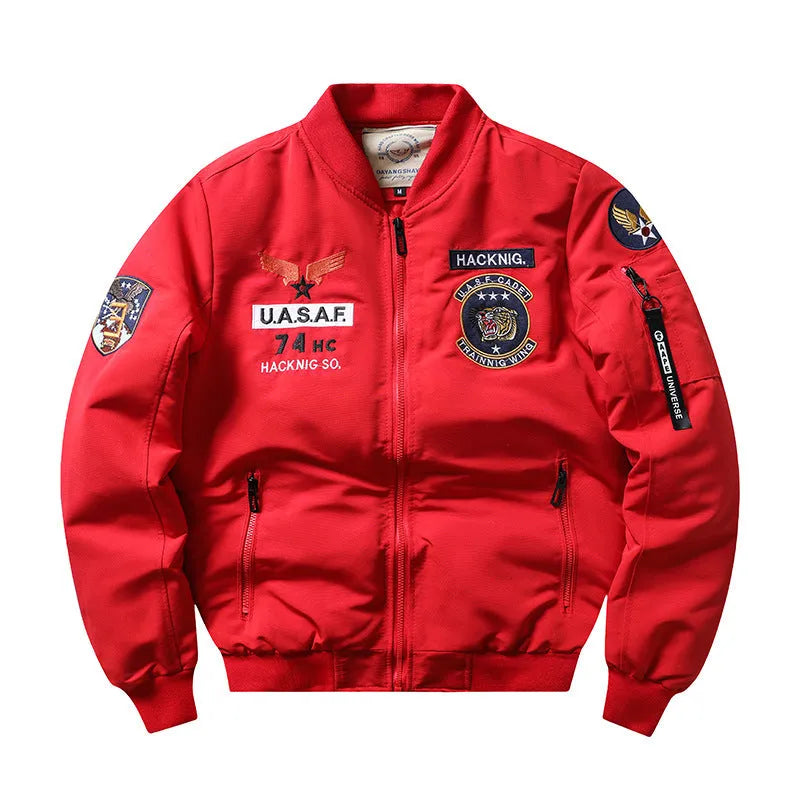Men's slim-fit stand collar motorcycle coat in black with retro embroidery and patch pockets