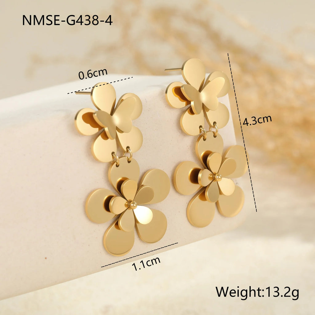 Gold flower butterfly stainless steel earrings with 18K plating for women