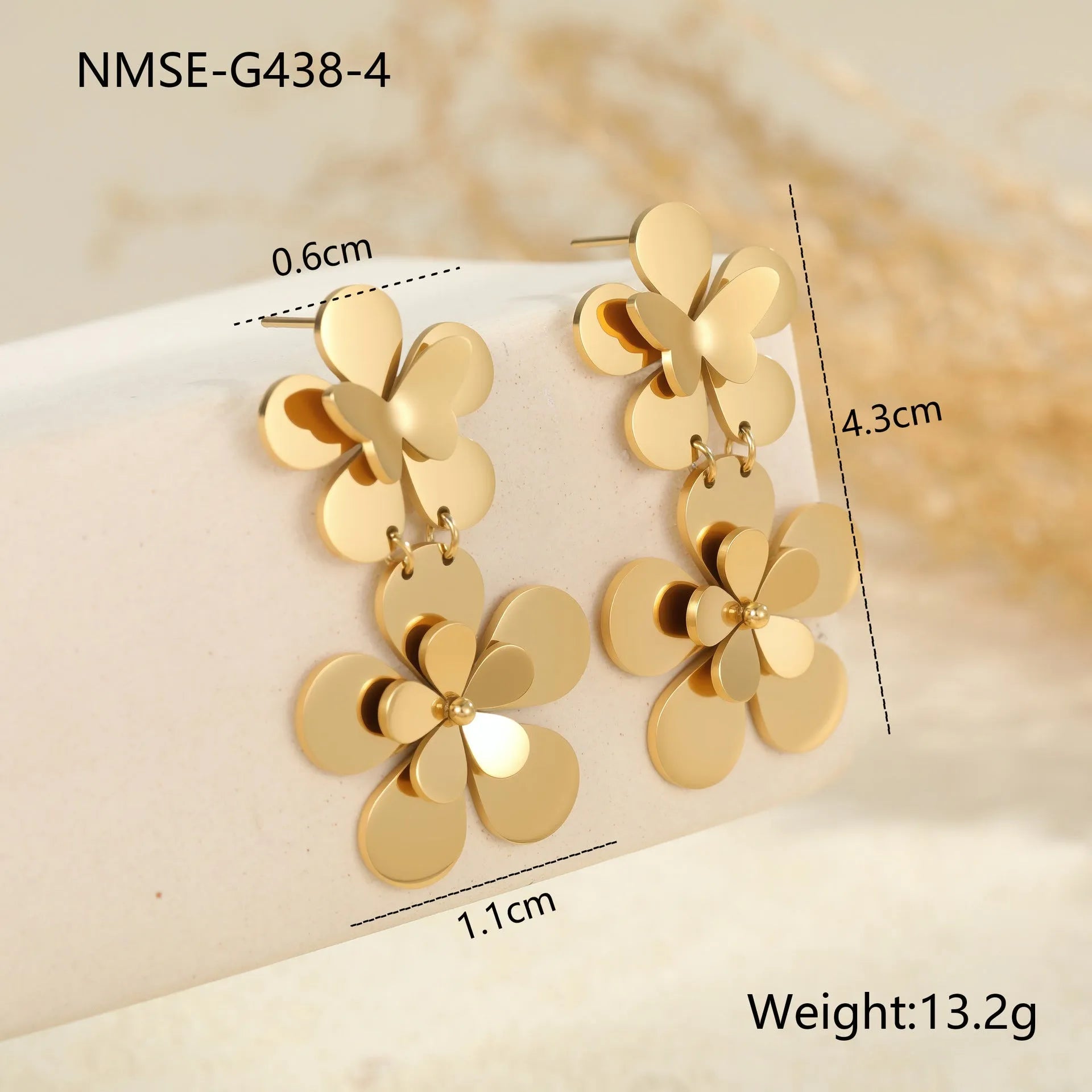 Gold flower butterfly stainless steel earrings with 18K plating for women