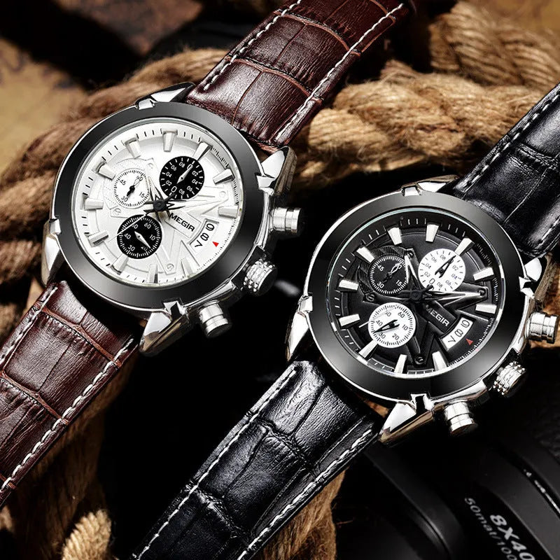 Men's quartz chronograph watch with three-eye dial showing six luminous hands on black or brown background