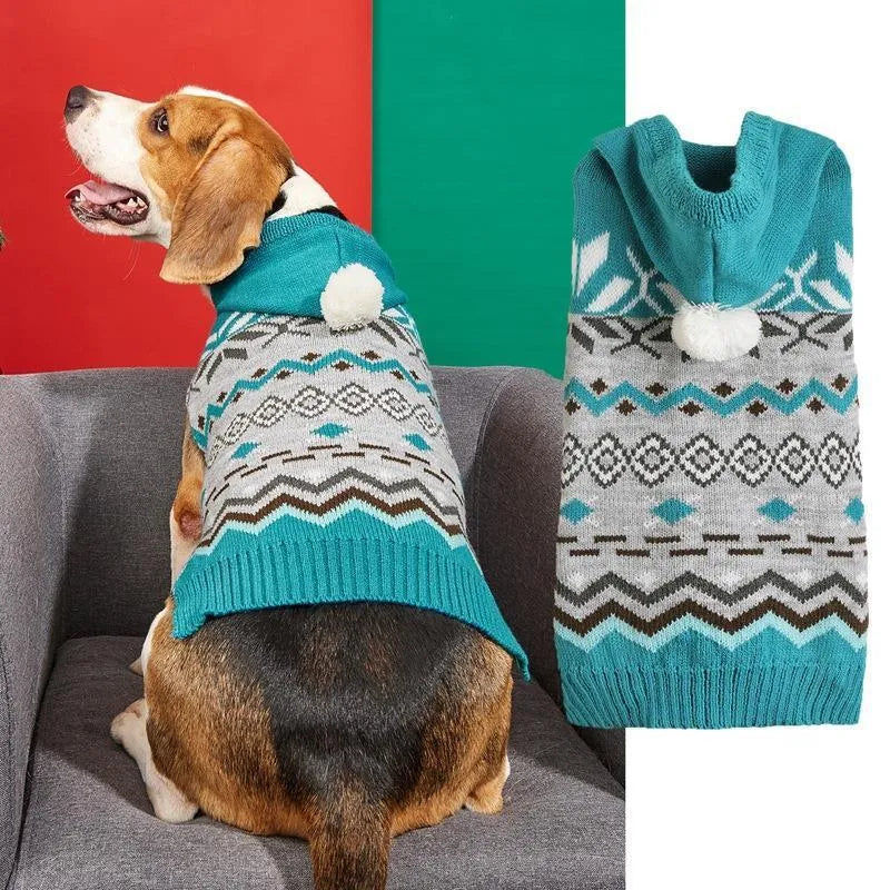 Green knitted pet sweater with diamond pattern on a small dog, showing size and texture.