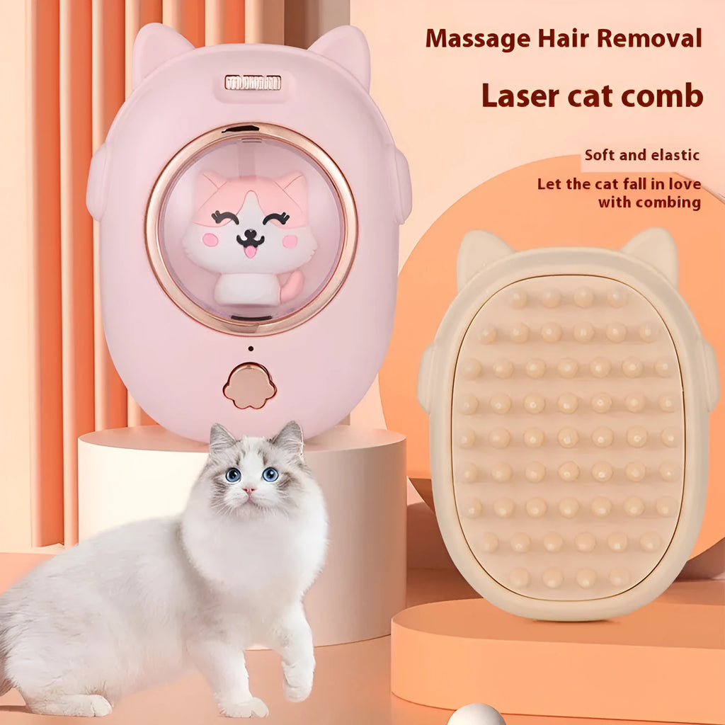 Pink and yellow pet comb with laser pointer for cat and dog grooming and play