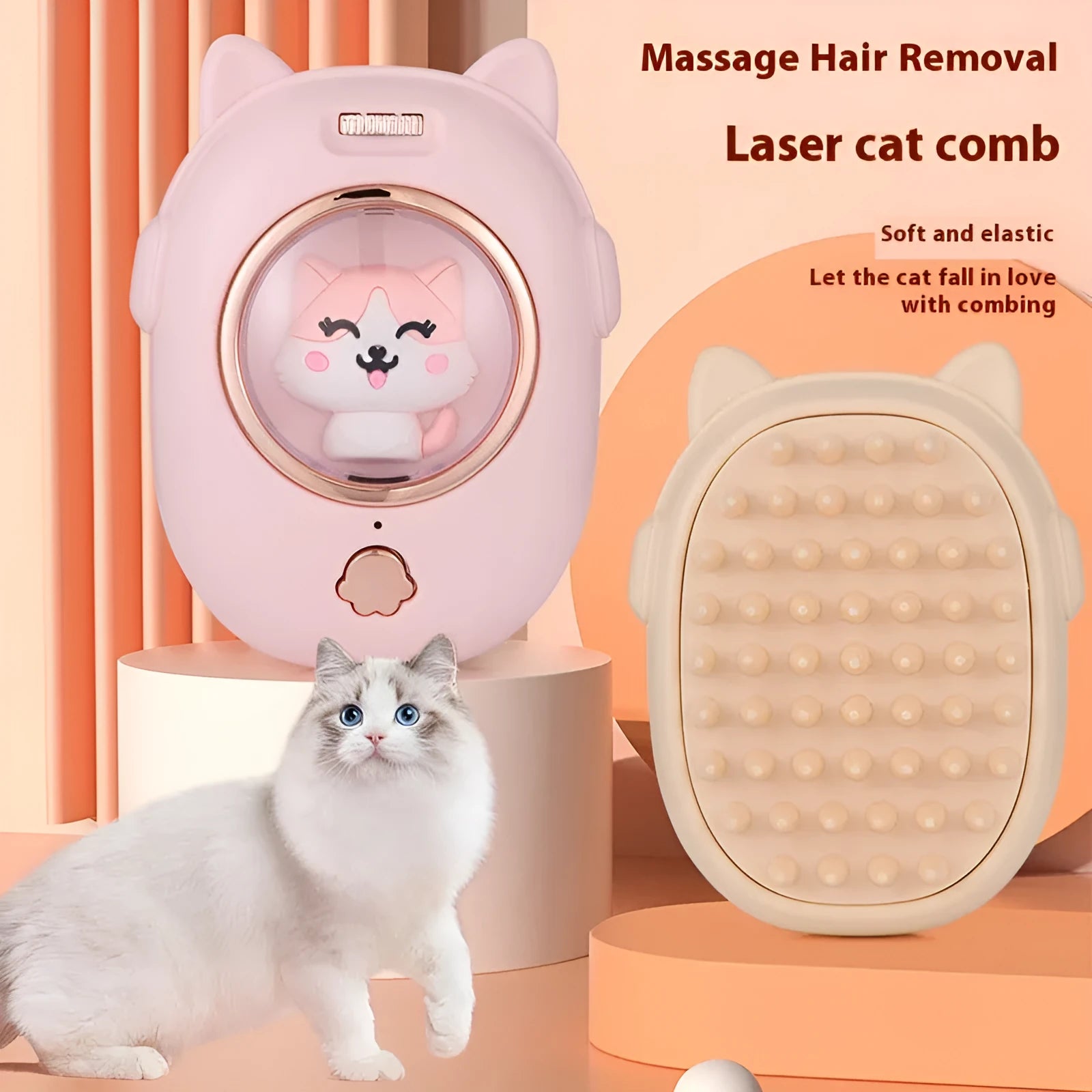 Pink and yellow pet comb with laser pointer for cat and dog grooming and play