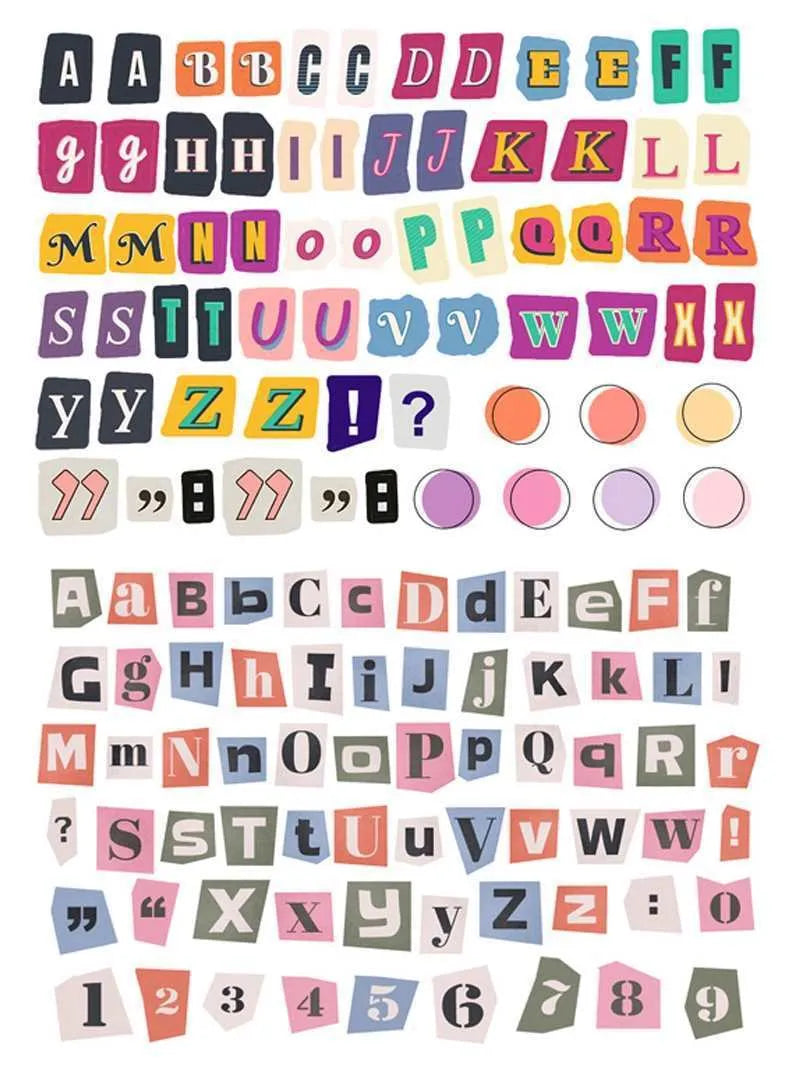 Set of cute style printed stickers showing English letters A, B, C, D, E and weekly words on a sheet.