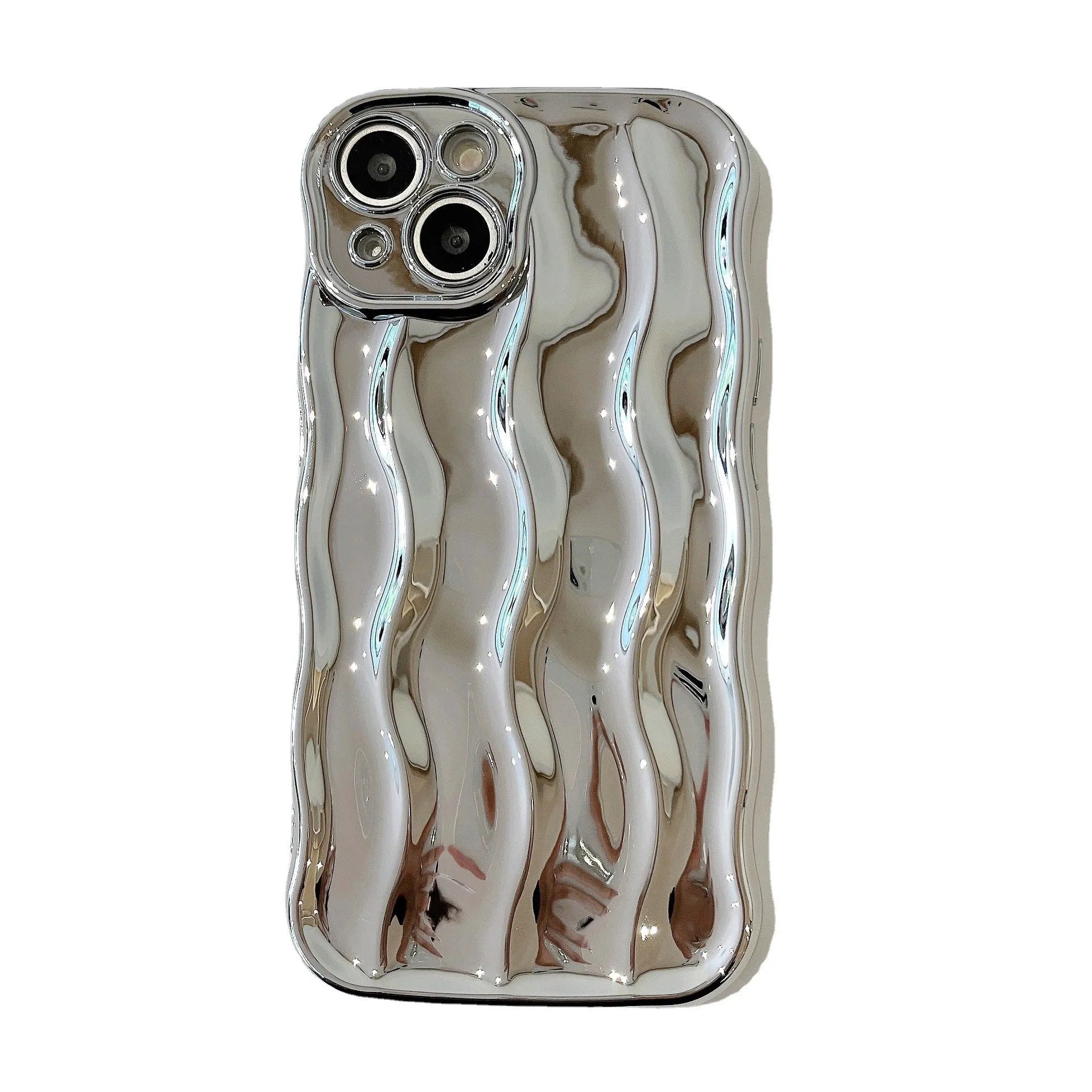 Silver electroplated iPhone 17 Pro Max case with raised three-dimensional wave stripe pattern on the back.