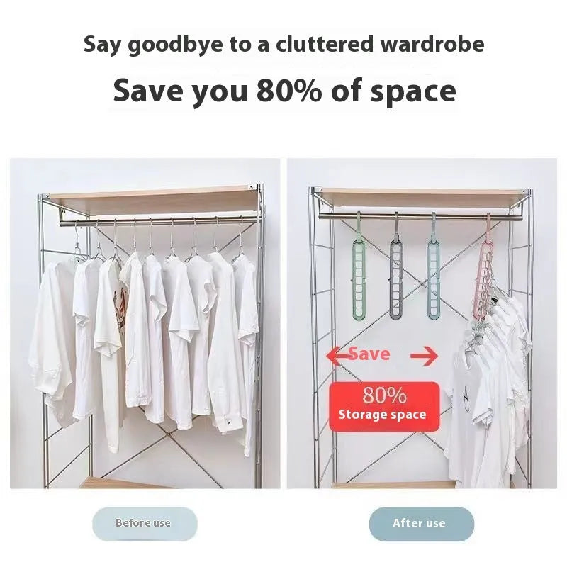 Plastic multifunctional hanger with nine holes for folding trousers, shown in a choice of colours