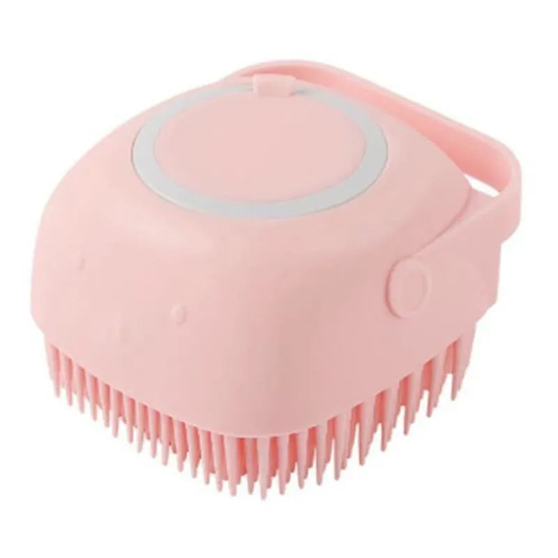 Blue silicone dog bath brush with finger loop and soft bristles for pet grooming