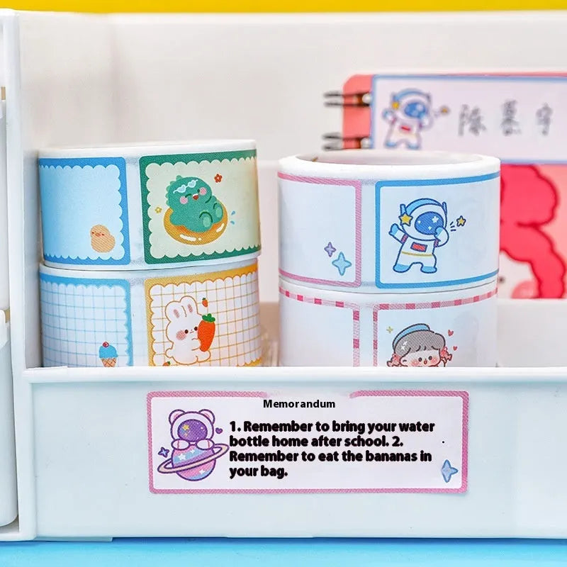 Roll of creative cartoon tape name stickers with dinosaur, astronaut, rabbit and girl designs for student organisation