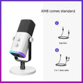 Dynamic noise reduction microphone in black colour with XLR cable, USB cable, and black desk base bracket.