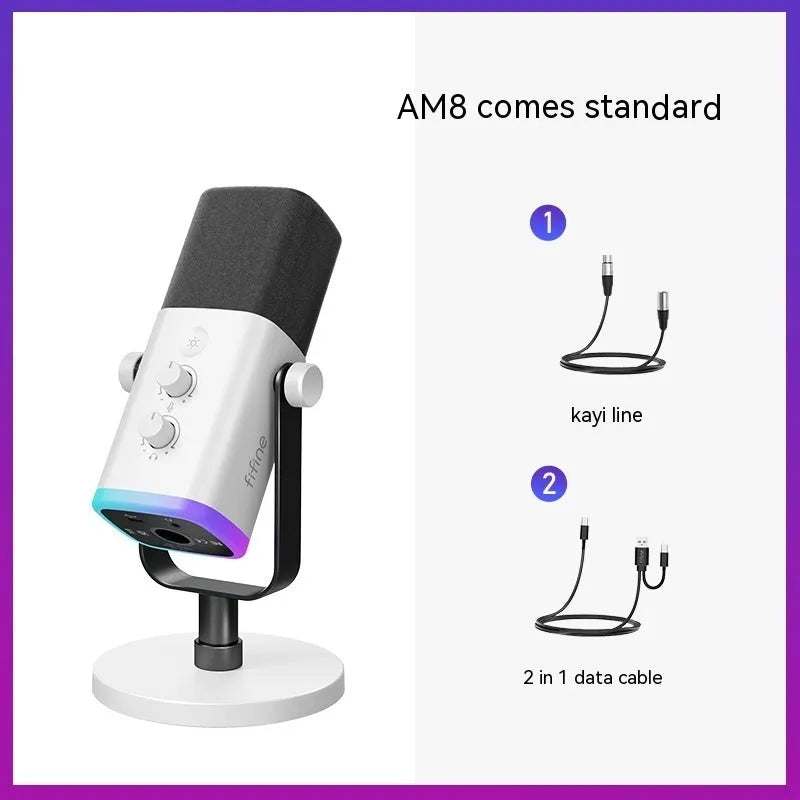 Dynamic noise reduction microphone in black colour with XLR cable, USB cable, and black desk base bracket.