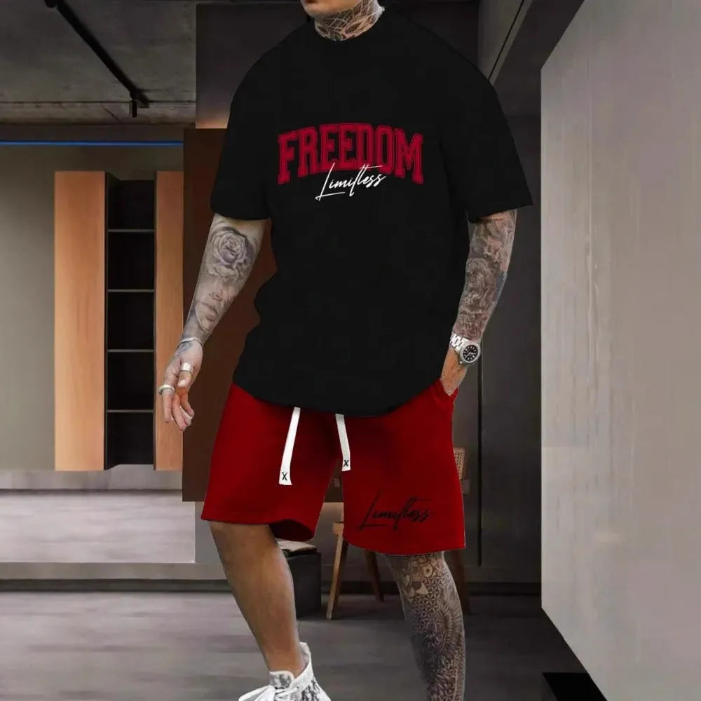 Men's 3D printed letter sportswear suit with short sleeve top and matching shorts in polyester fabric