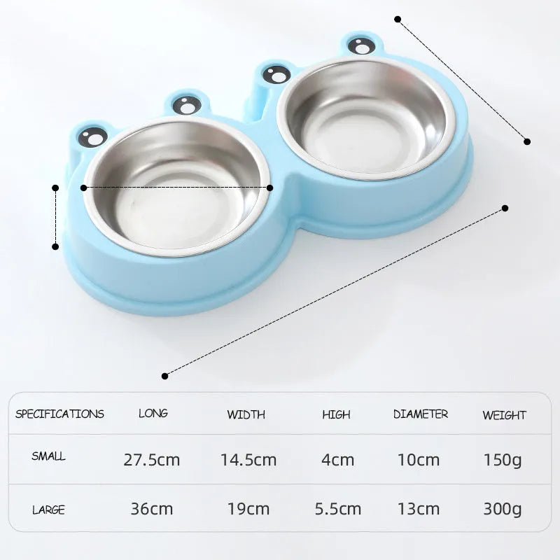 Blue stainless steel double pet bowl with frog design, showing separate food and water compartments on a non-slip base.