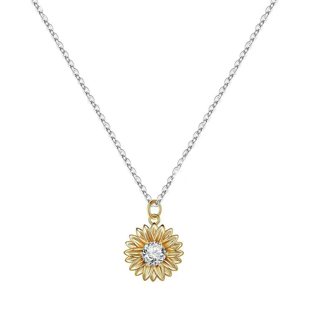 925 silver sunflower necklace with geometric daisy pendant on adjustable cross chain, length 21-50cm