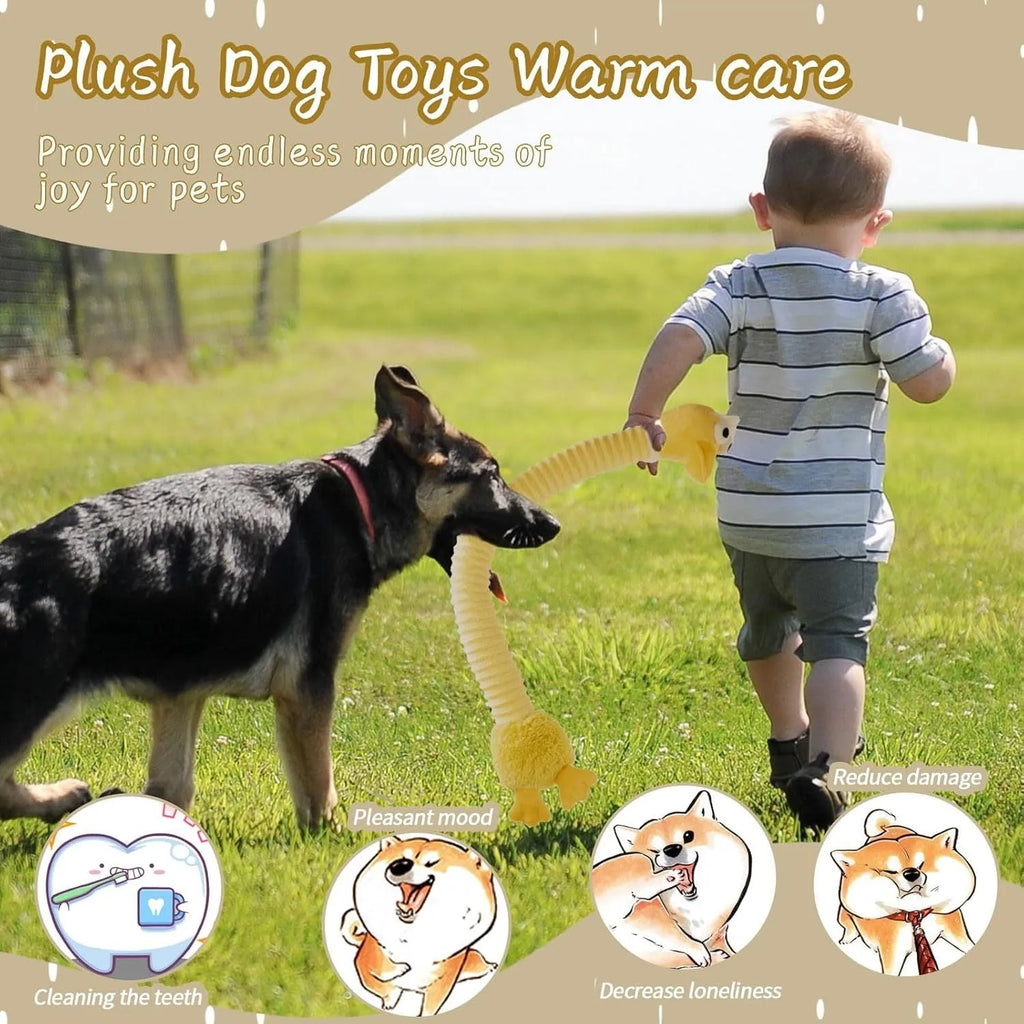 Plush dog toy with crinkle and squeaker sounds in brown, grey and yellow colours