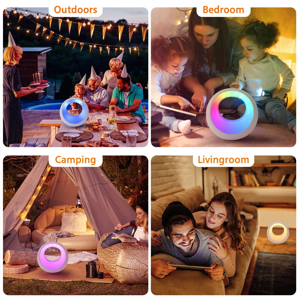 Small creative touch RGB colour changing desk lamp with remote control on a wooden surface