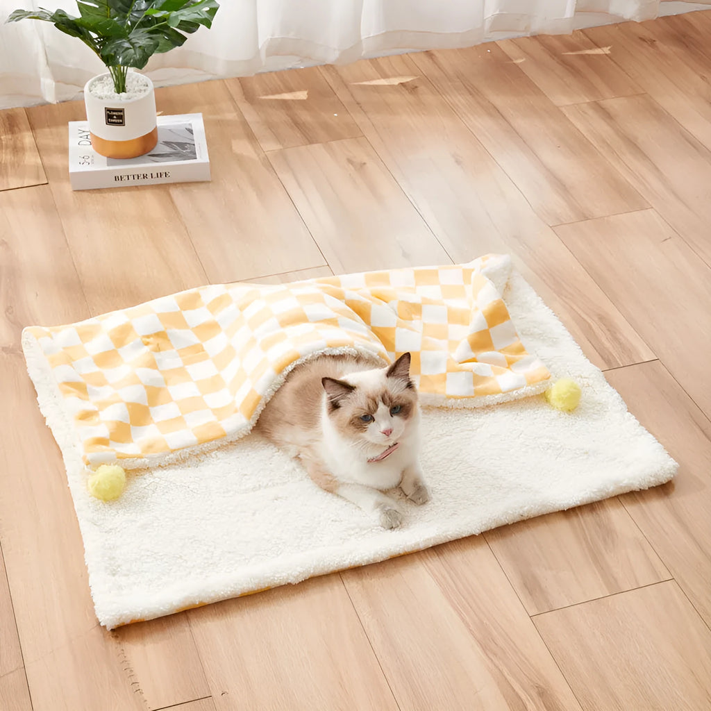 Green plaid pattern pet blanket with decorative fur balls for cats and dogs