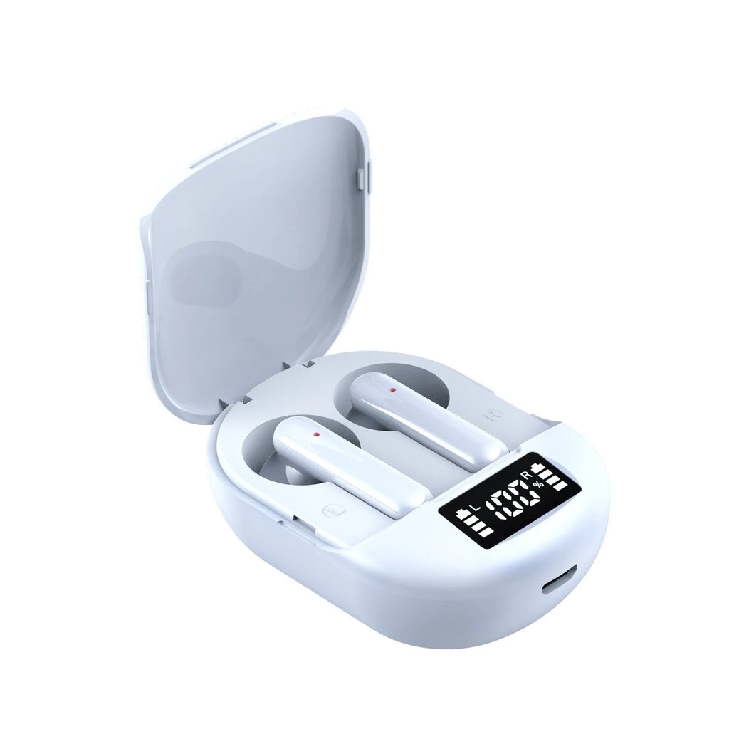 Black and white wireless Bluetooth in-ear headphones with a charging case on display.