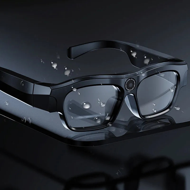Black smart Bluetooth glasses with head-mounted video recording camera showing touch buttons and optional memory card slot