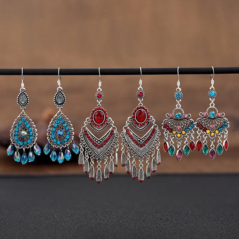 Purple retro court crystal long fringe drop earrings with ethnic style elements
