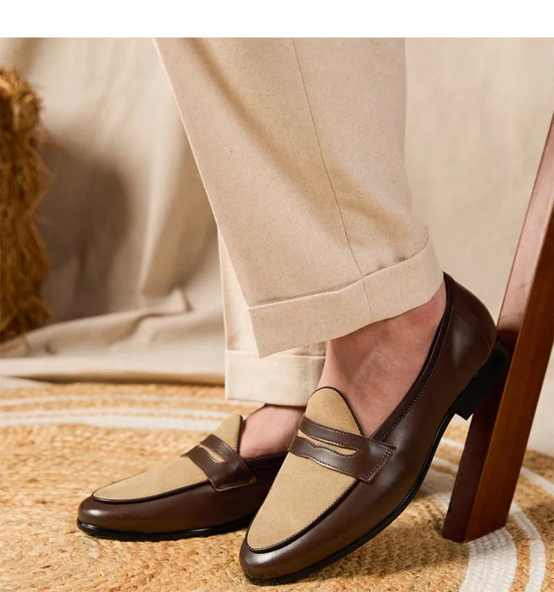 Coffee grey suede slip-on loafers with a rubber sole shown from the side.
